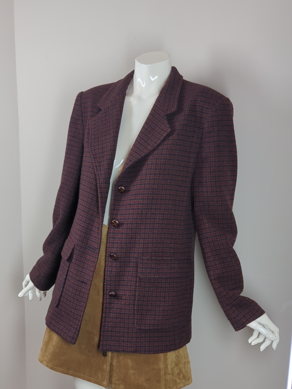 Women's Vintage Burgundy Plaid Wool-Blend Blazer Jacket Tristan Small